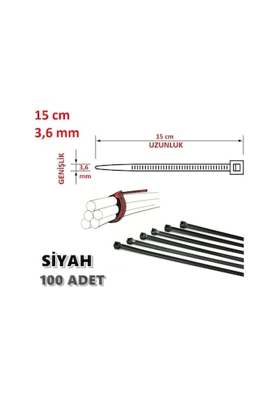 100 Adet 15Cm X 3.6Mm Plastik Kelepçe Kablo Bağı Siyah