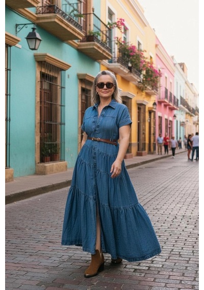 Byemelika Rahat Kalıp, Maxi Denim Elbise Çok Renkli
