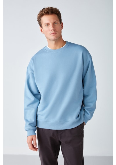 Grimelange Stephan Erkek Yumuşacık Kışlık Kumaşlı 3 Iplik Organik Pamuk Örme Oversize Mavi Sweatshirt
