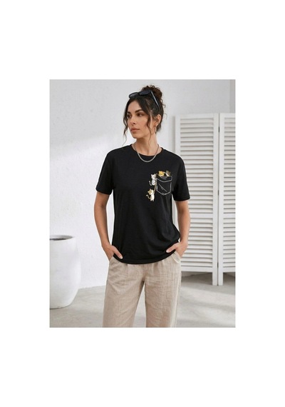 Kadın Sevimli Kedi Cep Baskılı Tişört Kısa Kol Yazlık T-shirt - Siyah