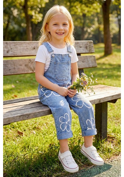 Baby Mod Çiçek Baskılı Denim Kız Çocuk Salopet Kot Tulum Mavi