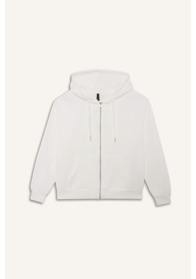 Defacto Relax Fit Kapüşonlu Cepli Basic Düz Fermuarlı Sweatshirt C1809AX24WNER105 Ekru