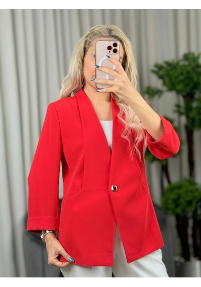 Ekol Kadın Tek Düğmeli Mercan Renk Blazer Ceket 04128 Mercan
