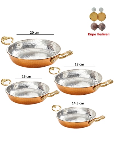 Bakır Dövme 4 Lü Tava Seti Küpe Hediyeli