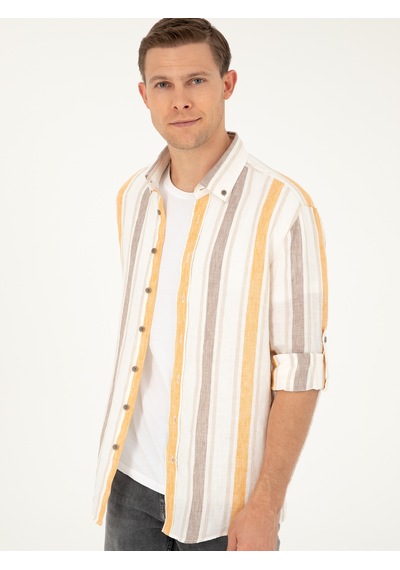 Cacharel Turuncu Slim Fit %100 Keten Gömlek