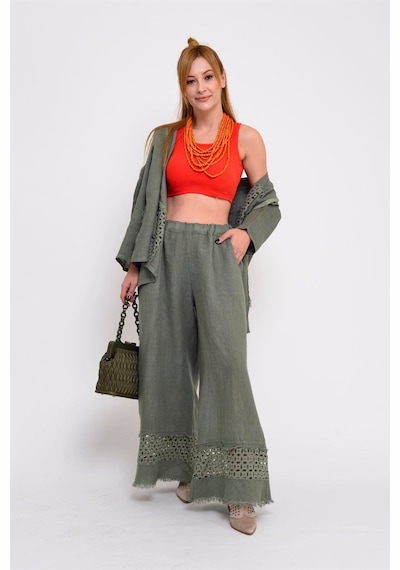 Bohem Stil İtalyan Fisto Detaylı Keten Pantolon-8748 Haki