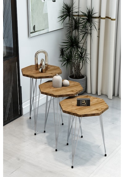 3'lü Sekizgen Zigon Sehpa Seti - Gümüş Metal Ayaklı, Modern & Şık Yan Sehpa, Dayanıklı Salon Ofis Atlantik Çam