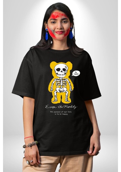 Mutlu Ol Pamuklu Bisiklet Yaka Unisex Oversize Boyfriend Dijital Baskılı Siyah T-shirt Siyah