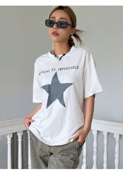 Flood Of Style Kadın Siyah Nothıng Imposible Baskılı Oversize Beyaz