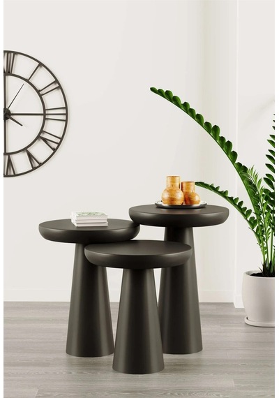 Simillo Wood Ahşap Siyah Renk Konik Model 3 Lü Set Mantar Yan Sehpa Fiskos Çiçeklik Decorative Siyah