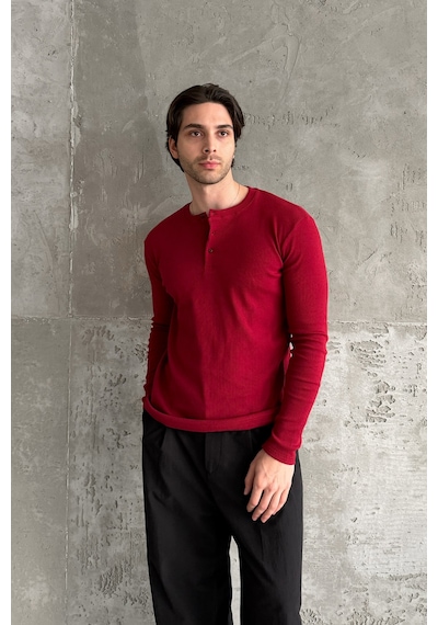 Erkek Henley Yaka Düğmeli Penye Bluz Kırmızı