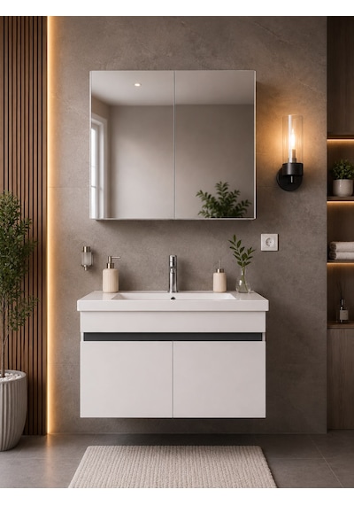 Modern 80 Cm Beyaz Renkli Mdf Seramik Lavabolu Alt Ve Üst Dolaplı Üst Aynalı Banyo Dolabı