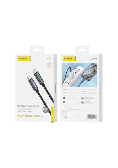 Foneng Xs08 60w Type-c To Type-c Işıklı Örgü 1.2m Hızlı Data Ve Şarj Kablosu