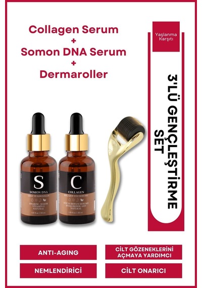 Dermaroller Goldenroller & Somon Dna & Collagen Serum Gençleştirici Yüz Bakım Serum Seti