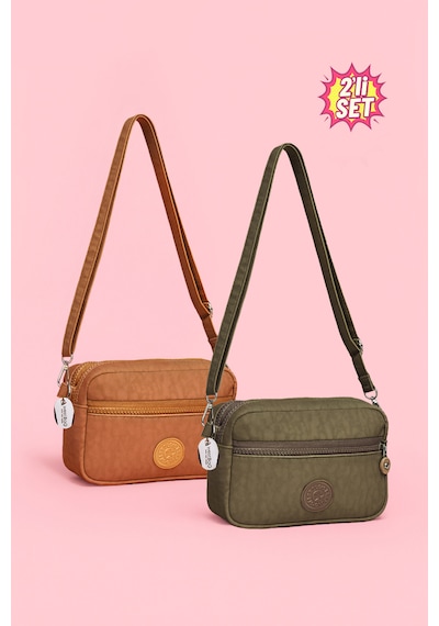 Westbag Kadın Çapraz Askılı Üç Gözlü Fermuarlı Krinkıl Günlük Omuz Çantası 2'li Set Haki - Taba