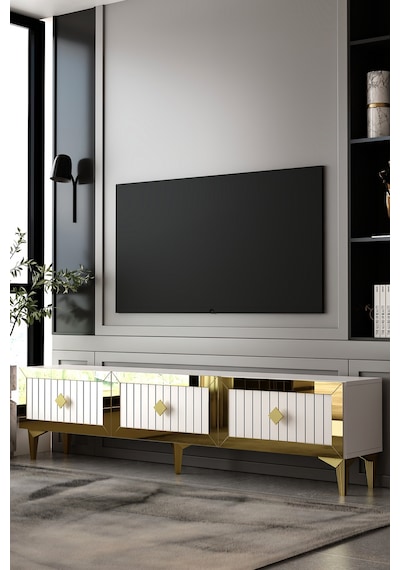180dhdts4ba Lina 3 Kapaklı Pleksi Lazer Desen Tv Sehpası Beyaz-altın
