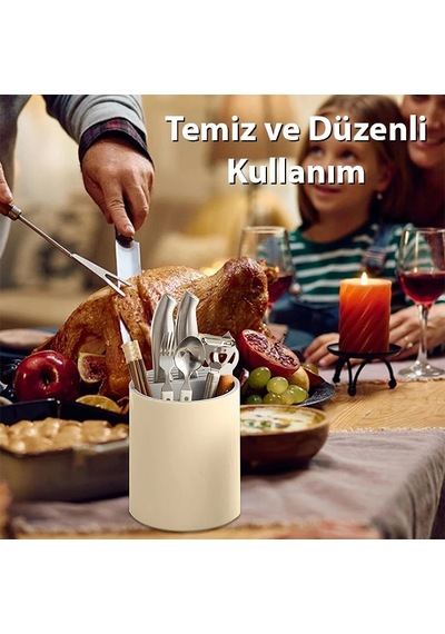 Ezere Çatal - Bıçak - Kaşık Saklama Ve Kurutma Kutusu Dönebilen Mutfak Düzenleyici- 5775 Krem