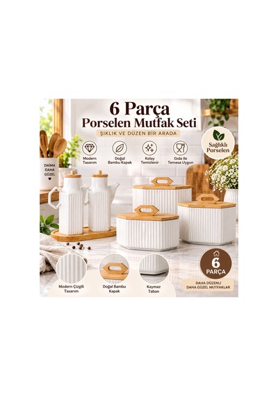 6 Parça Bambu Standlı 2 Li 1000 Ml Yağdanlık Ve 3 Lü Porselen Çay Şeker Tuz Kahve Kavanoz Seti Beyaz 692622131 Beyaz