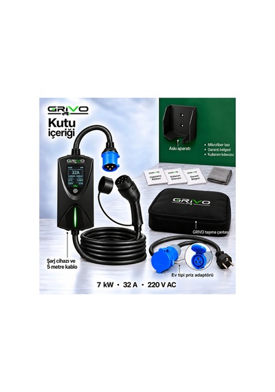 7 Kw 32a Taşınabilir Elektrikli Araç Şarj Cihazı Type 2 5 Metre Kablo Ip67 2 Yıl  - 938842549