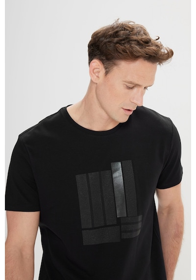 AC&Co / Altınyıldız Classics Erkek Sıyah Slim Fit Dar Kesim Pamuklu Esnek Baskılı Bisiklet Yaka Tişört Siyah