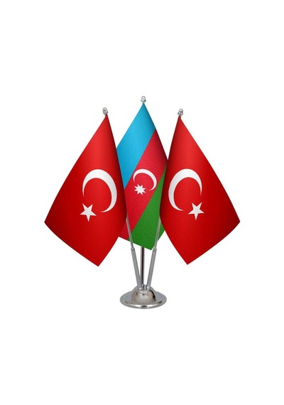 Masa Üstü Azerbaycan Bayrağı Türk Bayrağı Üçlü Krom Direk Masa Ba