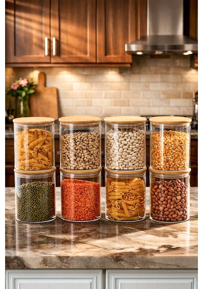 Porsima 1-4 Bambu Borosilikat Vakumlu Kapaklı Yuvarlak Cam 8li Kavanoz Seti Saklama Kabı 750ml 10x12cm