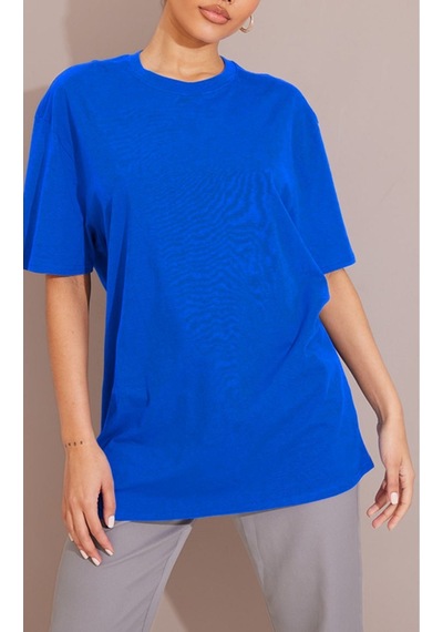 Düz Süprem T-shirt - Sax Mavi Oversize Bisiklet Yaka Kısa Kol Tişört Saks Mavi
