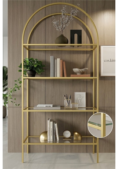 4 Raflı Camlı Kitaplık Gold Eskitme Ayak Temperli Şeffaf Cam