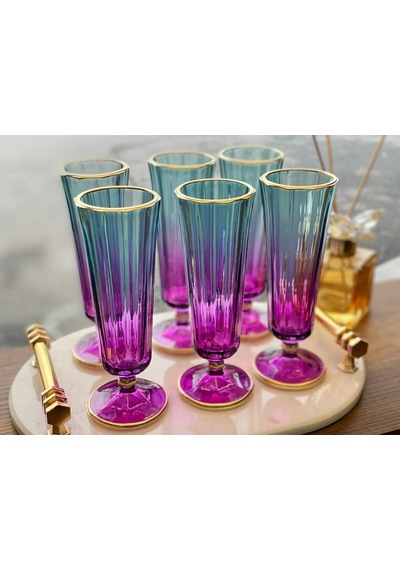6 Lı Renkli Yaldızlı Cam Kahve Yanı Su Bardağı Flüt Bardak 150ml