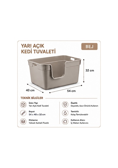 Pribor Yüksek Kenarlı Yarı Açık Kedi Tuvaleti, Geniş Ve Kolay Temizlenebilir 54 X 40 X 32 Cm Bej