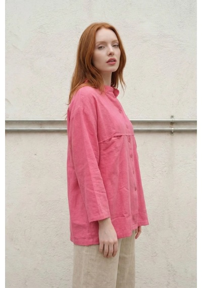 Hiccup My Fashıon Oversize Uzun Kollu Keten Karışımlı Gömlek Parlak Pembe