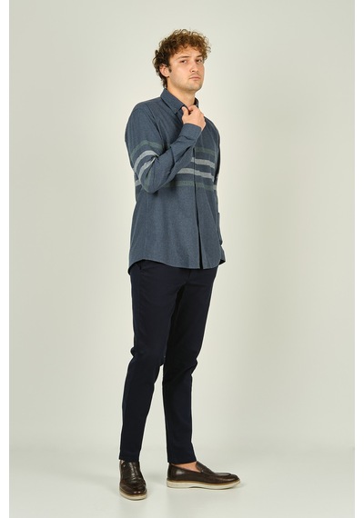 Megaldi Erkek Slim Fit İnce Blok Desenli Pamuklu Uzun Kol Gömlek 1100 İndigo Yeşil İndigo Yeşil İndigo
