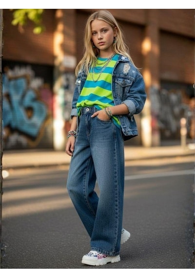 Zekids Kız Çocuk Bol Paça Denim Pantolon-16681 Çok Renkli