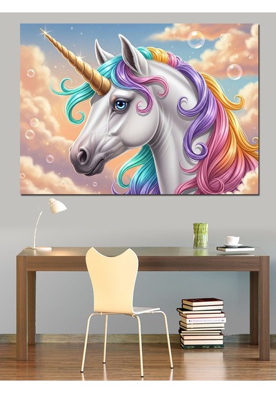 Gökkuşağı Yeleli Beyaz Unicorn Tablosu Dekoratif Kanvas - Mdf Ahşap Tablo