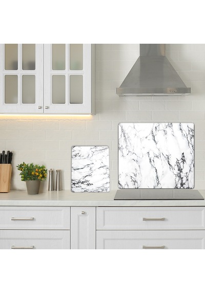 Decorita 2'Li Set Beyaz Mermer Cam Ocak Arkası + Cam Kesme Tablası
