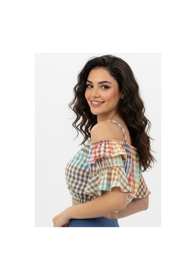 Polologin Butik Kadın Çok Renkli Ekose Desenli, Volanlı Crop Bluz Turuncu