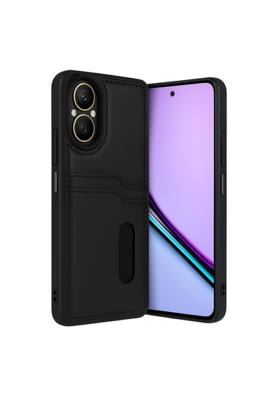 Realme 12 Lite Uyumlu Deri Kartvizitli Kartlıklı Premium Telefon Kılıfı Kapak Siyah