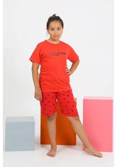 Akbeniz Kız Çocuk Şortlu Kısa Kol Penye Pijama Takım 20431 Kırmızı