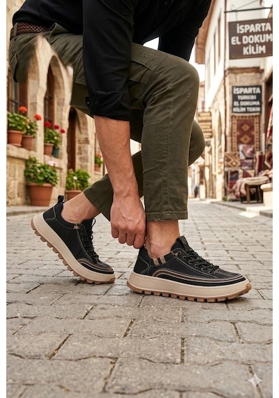 Guja 26y514 Rahat Hafif Taban Tekstil Lastik Bağcıklı Sneaker Erkek Ayakkabı Siyah