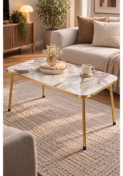 Sulorahome Beyaz Orta Sehpa Gold Ayaklı Altın - Beyaz
