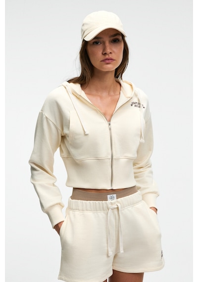Grımelange ELARA Kadın Metal Fermuarlı Nakışlı Kapüşonlu Crop Ekru Sweatshirt