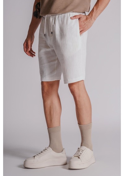 Braccas Erkek Yandan Cepli Beli Lastikli Dokulu Kumaş Relaxed Fit Jogger Şort Ekru Ekru