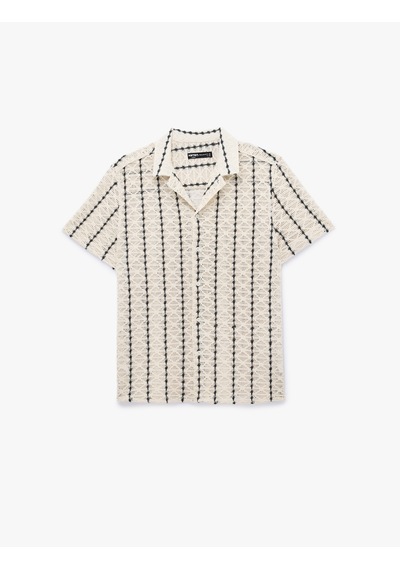 Koton Regular Fit Kısa Kollu Pamuklu Devrik Yaka Ajurlu Gömlek Siyah Çizgili 6sam60097nw