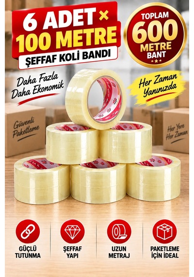 Vege 6 Lı Şeffaf Koli Bandı Seti 100 Metre Toplam 600 Metre Güçlü Yapışkanlı Paketleme Ve Kargo Ba Diğer