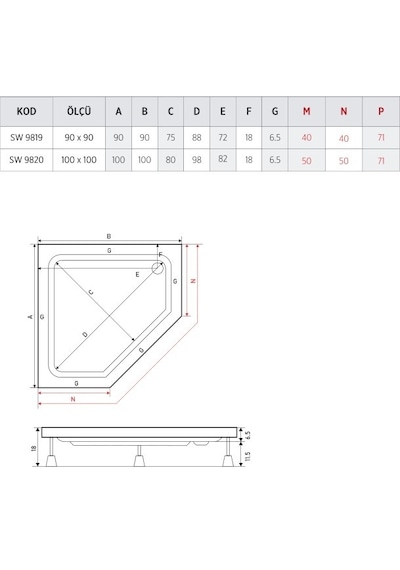 Shower 90X90 Batura Beşgen Duş Teknesi