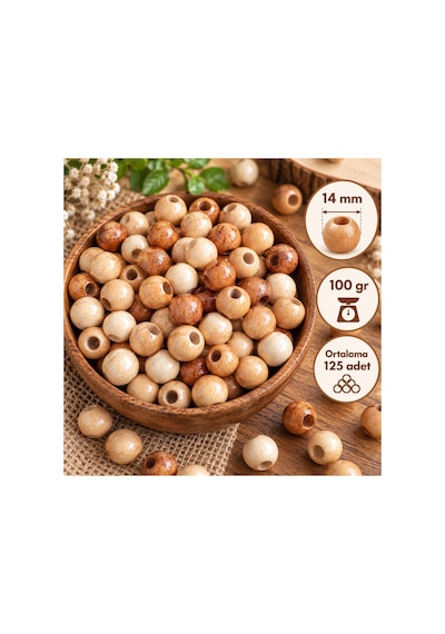 14 Mm Vernikli Ahşap Boncuk 100 Gr Ortalama 125 Adet Doğal Ahşap Delikli Hobi, Takı Ve Makrome Boncuğu - 938371867
