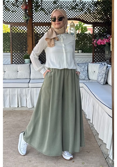 Rabia Şamlı Vera Etekli Pantolon Yeşil Normal