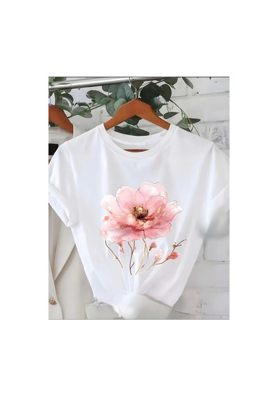 Herkesemoda Pembe Gül Baskı Detaylı Basic T-shirt Beyaz