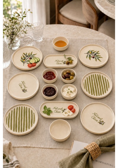 Oliva 14 Parça 6 Kişilik Handmade Stackable Seramik Tabak Seti Premium Sunum & Kahvaltı Takımı Beyaz