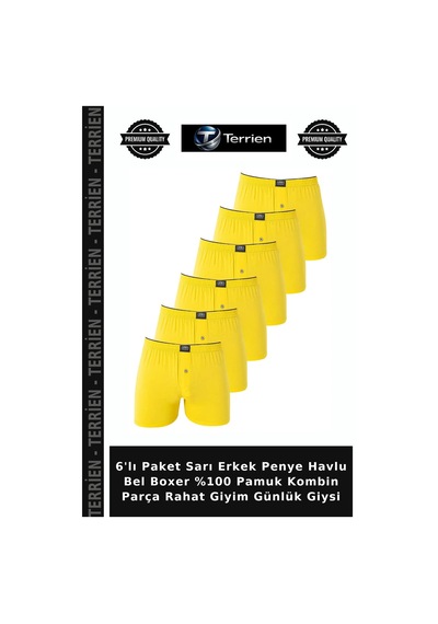 Terrien 6'lı Paket Sarı Erkek Penye Havlu Bel Boxer %100 Pamuk Kombin Parça Rahat Giyim Günlük Giysi